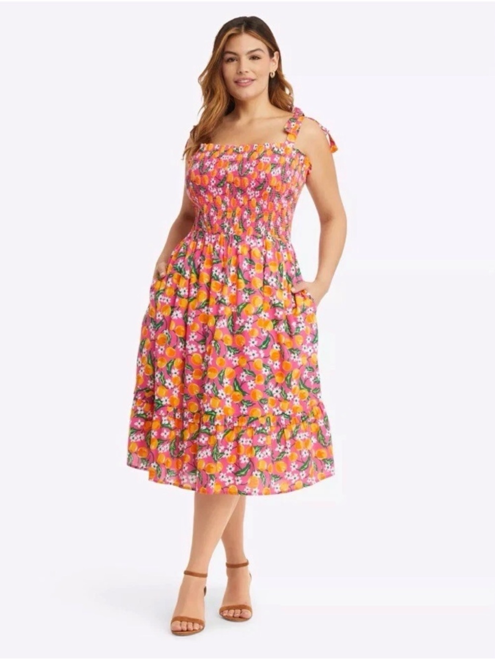 Draper James - Floral Pink Smocked Midi Dress with Tie Straps - 1X